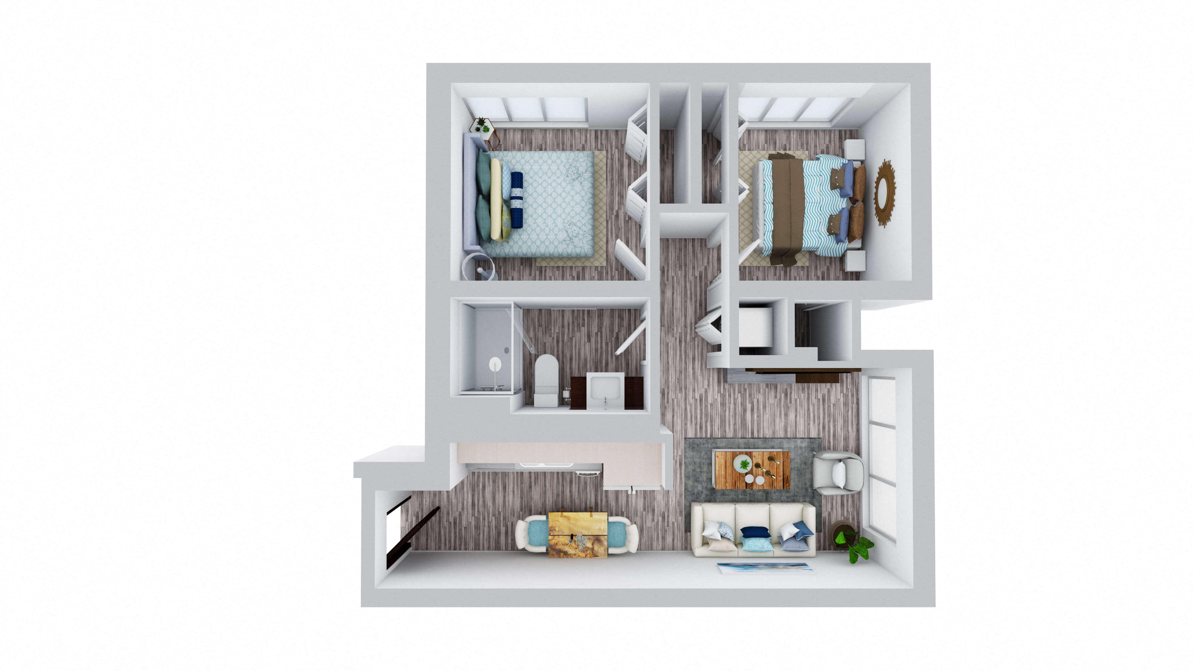 Floor plan for 2 beds, 1 bath, 637 sqft